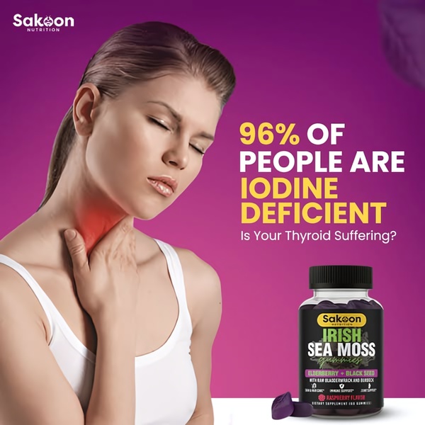 A static 1:1 ad featuring a person touching their throat to illustrate iodine deficiency, paired with a bold health statistic and a supplement product.